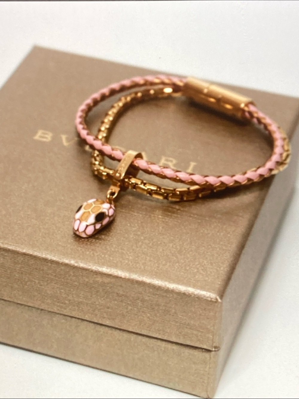 Bvlgari snake head charm metal calfskin bracelet Size 14.5cm
